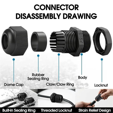 IP68 Waterproof Cable Glands Kit 100Pcs Nylon Entry Adjustable Wire Connectors Assortment For Junction Box PG7 Black disassembly shown