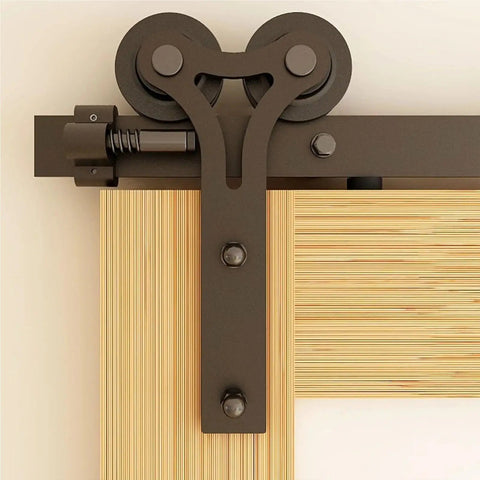 Sliding Barn Door Hardware Kit With Y Shape Rollers And Upgraded Nylon Bearings For Quiet, Smooth Operation, Heavy Duty Track System Delivers Stable And Sturdy Performance For A 5 Foot Door, close-up