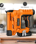 Cordless 18 Gauge Brad Nailer And Staple Gun Kit For Woodworking And DIY Projects, Battery Powered Nail Gun With 1000 Nails And 1000 Staples, Lightweight Lithium Ion Cordless Design, Led Light, Battery And Charger Included on wood surface
