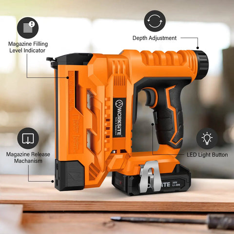 Cordless 18 Gauge Brad Nailer And Staple Gun Kit For Woodworking And DIY Projects, Battery Powered Nail Gun With 1000 Nails And 1000 Staples, Lightweight Lithium Ion Cordless Design, Led Light, Battery And Charger Included on wood surface