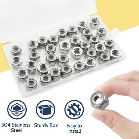 Three Eighths Inch 16 Thread Nylon Insert Lock Nuts Pack Of 35 In 304 Stainless Steel A2-70 Nylock Nuts in box with hand detail