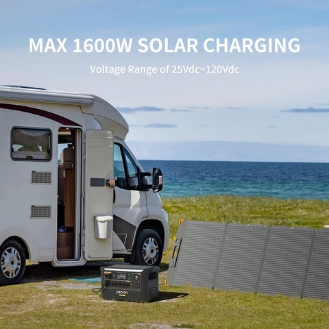 Beefy F3000LFP 3072Wh Portable Power Station with RV and solar panel for off-grid use, featuring 3600W LiFePO4 battery backup.