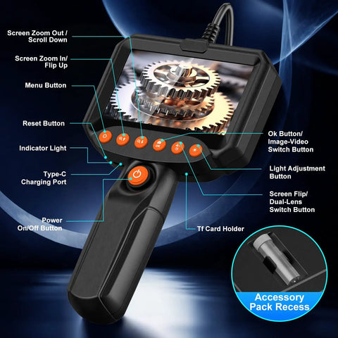 Dual Lens Endoscope Camera With Light Pro Grade HD 1920P Borescope For Pipes And Car Repairs, 4.3 Inch LCD, IP67 Waterproof, 16.4 Ft Semi-Rigid Cable, 8 LED Lights, 32GB Card Included. Handheld display with control buttons and cable port.
