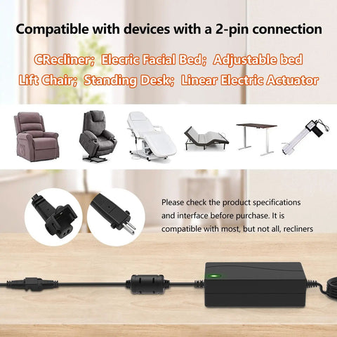 29V 2A Recliner Power Adapter for Sofa Lift Chair and Desk, 2 Pin, 100-240V Wide Input, shown with compatible furniture icons