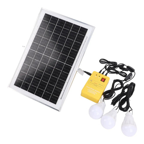 Top Shelf Solar Generator Kit With 6000mAh Battery, Led Lighting, And Multiport Usb Hub For Camping, solar panel with yellow power hub and three LED lights.