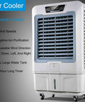 Portable Evaporative Swamp Cooler With Remote And 12 Hour Timer, 3 Speed Air Cooling Fan With 80 Liter Tank, 3 In 1 Humidifier displayed with controls and features.