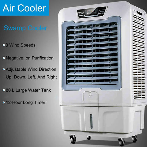 Portable Evaporative Swamp Cooler With Remote And 12 Hour Timer, 3 Speed Air Cooling Fan With 80 Liter Tank, 3 In 1 Humidifier displayed with controls and features.