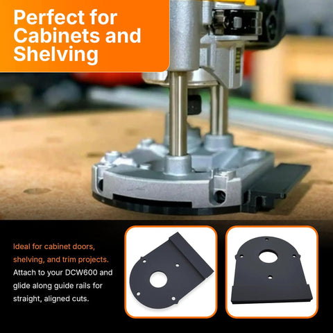 Router Rail Adapter For DeWalt DCW600 mounted on router base with guide rails for cabinetry and shelving