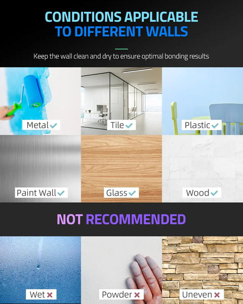 Conditions for Top Shelf 12 Pack Self Adhesive Sound Proof Foam Wall Panels, showing suitable and unsuitable wall types.