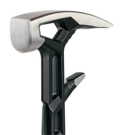 Close-up of IsoCore Wrecking Bar 18 Inch Board Bender And Crowbar With Shock Absorbing Handle, metal claw detail.