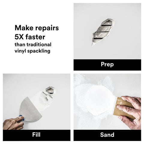 High Strength Large Hole Repair Kit With Fiber Reinforced Spackling Compound, Repair Plate, Putty Knife And Sanding Sponge process steps