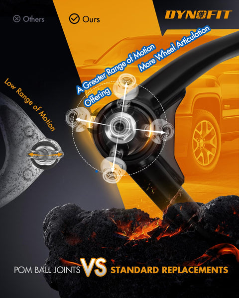 Comparison of POM ball joints on 2 To 4 Inch Lift Upper Control Arm Kit For 2007 2018 Silverado 1500 Sierra 1500 Tahoe Yukon Yukon XL Suburban 1500 And Escalade Suspension Upgrade Set Of 2.