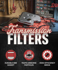 Transmission Filter Kit DF-320 for Ford 6.7L Powerstroke on workbench with shop tools and icons