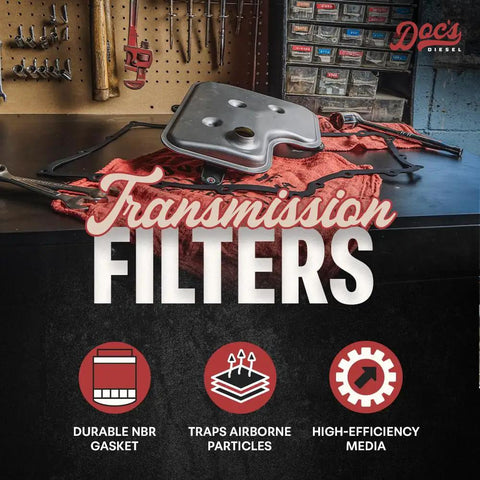 Transmission Filter Kit DF-320 for Ford 6.7L Powerstroke on workbench with shop tools and icons