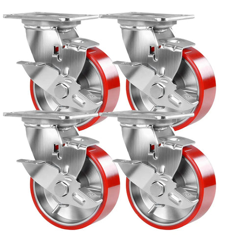 Kick Some Serious Weight Around The Shop With This Set Of Four Heavy Duty Swivel Plate Caster Wheels equipped with dual ball bearings and red polyurethane tread.