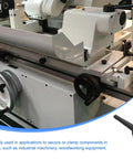 Top Shelf Two Pack Black Clamping Lever Handles With M8 Thread And Snappy Quick Release Button For Fast Machine Setup and Solid Workpiece Holding installed on industrial machinery.