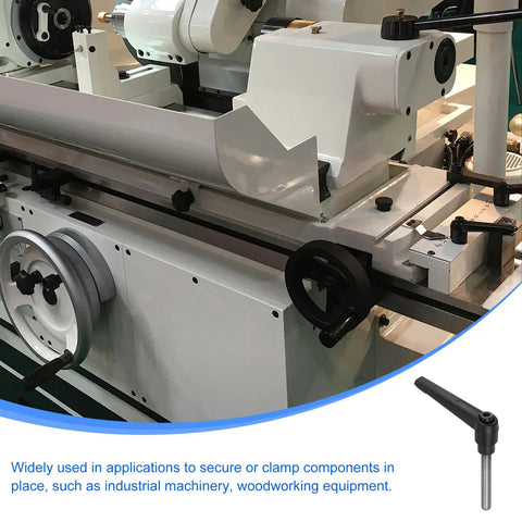 Top Shelf Two Pack Black Clamping Lever Handles With M8 Thread And Snappy Quick Release Button For Fast Machine Setup and Solid Workpiece Holding installed on industrial machinery.