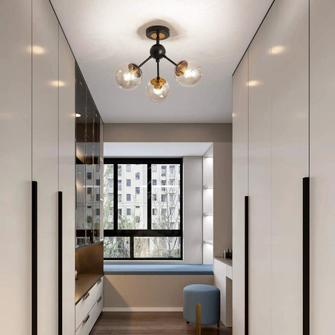 Modern hallway with 3 Light Vintage Semi Flush Mount Glass Globe Chandelier in black finish, featuring smoked glass shades.