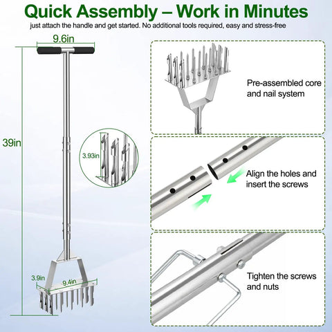 Two In One Lawn Aerator And Core Aerator Tool With Nine Spikes And Six Cores In Stainless Steel, semi-assembled with dimensions shown