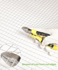 Heavy Duty 19 Gauge Hardware Cloth 16X50 Ft Roll Featuring Half Inch Square Mesh Rustproof Steel Fence Wire being cut with pliers.