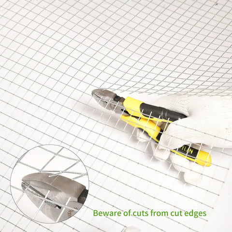 Heavy Duty 19 Gauge Hardware Cloth 16X50 Ft Roll Featuring Half Inch Square Mesh Rustproof Steel Fence Wire being cut with pliers.