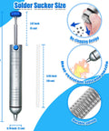 No Clog Desoldering Pump With Powerful Vacuum Suction That Sucks Up Solder Fast and dimensional details visible in graphic