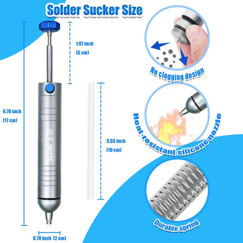 No Clog Desoldering Pump With Powerful Vacuum Suction That Sucks Up Solder Fast and dimensional details visible in graphic