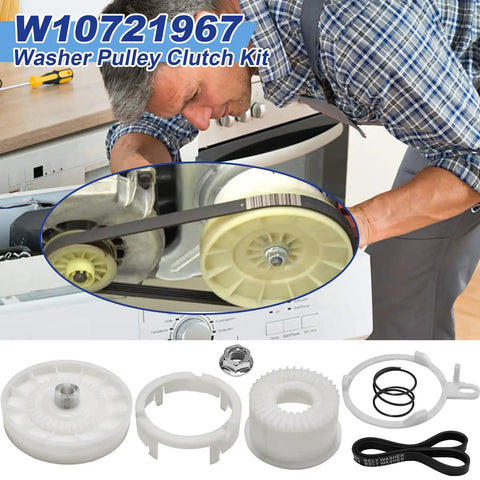 Rock Solid Washer Shift Actuator And Pulley Clutch Kit With Heavy Duty Drive Belt For Whirlpool Maytag Kenmore Amana showing installation.