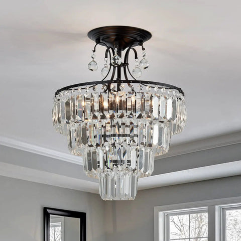 Black Crystal Round Chandelier 15.35 Inch Diameter 5 Light Showpiece Statement Piece Modern Antique Semi Flush Mount Ceiling Fixture
