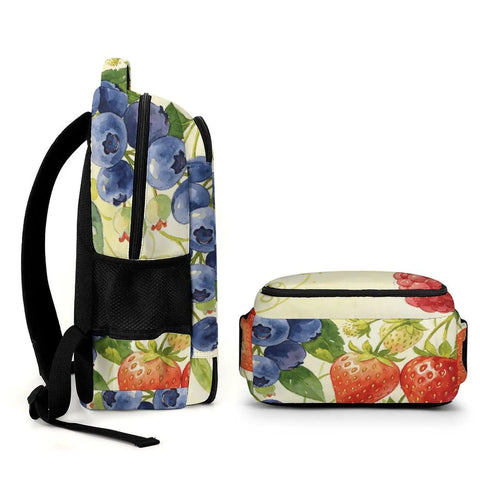 Side view of Mixed Berry Vine Watercolor Printed Unisex Backpack Large Capacity Durable Polyester with Sturdy Zipper for School