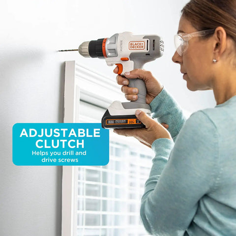 Woman using 20V Max Matrix Cordless Drill And Driver Kit With Quick Connect System For Fast Head Changes Space Saving