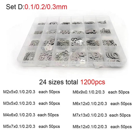 Slick Ultra Thin Stainless Steel Flat Washer Set 304 Grade M2 To M8 Assorted Shim Gasket Kit 500 750 1200 Pcs Corrosion Resistant Space Saving Spacers For Electronics Machinery DIY Projects, 24-size organizer