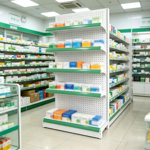 Heavy Duty Adjustable Gondola Shelving Unit Rock Solid Reinforced Steel Double Sided Retail Rack with pharmacy products on display.