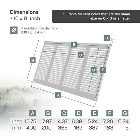 White 16 Inch By 8 Inch Metal Air Vent Cover Pack Of 2 With Built In Mesh Guard Screen For A No Brainer Easy Fit In Your Home HVAC Return Duct Grille Fits Up To 14.37 Inch By 6.38 Inch Openings shown with dimensions and labels.