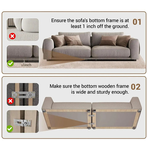 Lock It Down Heavy Duty Sofa Connectors For Sectional Couches With Adjustable Interlocking Brackets and Stainless Steel Screws showing installation tips.