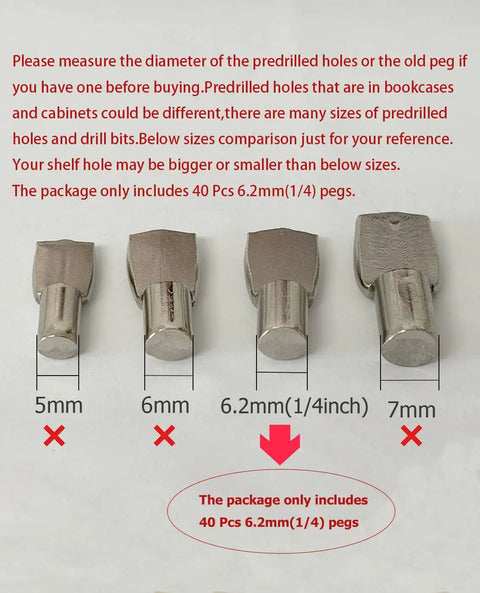 Comparison of different shelf peg sizes alongside Heavy Duty Six Point Two Millimeter Shelf Pegs One Quarter Inch Spoon Shape Support Pins Nickel Plated Forty Piece Kit.