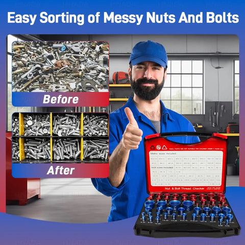 Nut And Bolt Thread Checker Kit With 28 Standard And 24 Metric Sizes in a box, shown with before and after sorting nuts.
