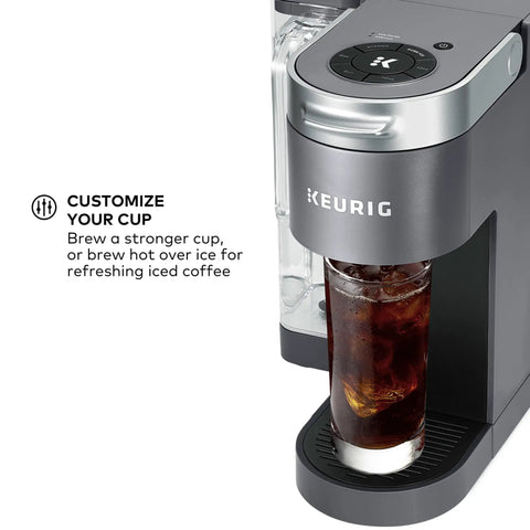 K Supreme Single Serve K Cup Pod Coffee Maker With MultiStream Technology Delivers Rich Flavor For Every Cup shown with iced coffee