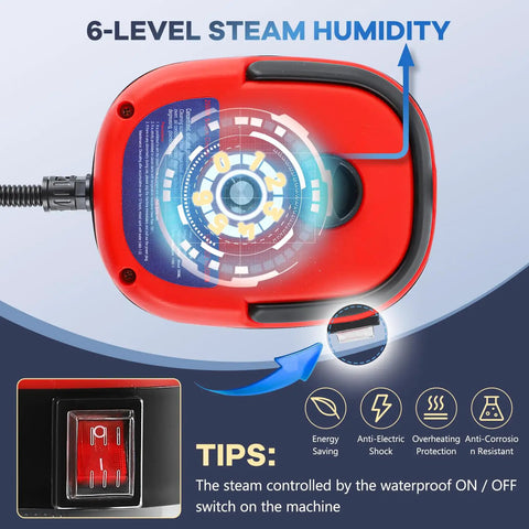 Control panel of Heavy Duty 2500W Steam Cleaner With Lightning Fast Heat Up showing 6-level humidity settings.