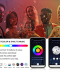 Group celebrating with Smart WiFi LED Recessed Downlight 6 Pack Five To Six Inch RGBW Color Changing Tunable White Can Light app interface