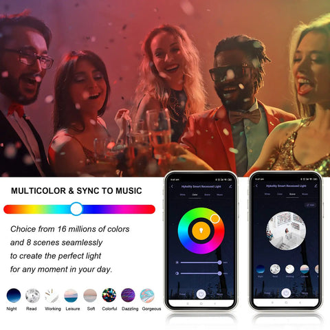 Group celebrating with Smart WiFi LED Recessed Downlight 6 Pack Five To Six Inch RGBW Color Changing Tunable White Can Light app interface