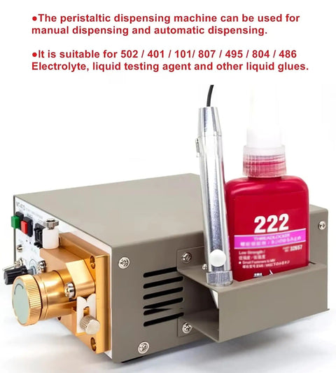 Automatic Peristaltic Glue Dispenser With Manual And Auto Modes, Foot Switch Activated Liquid Glue Dispenser beside glue bottle
