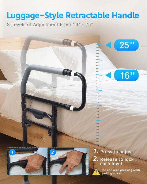Bedside Safety Rail for Seniors and Recovery Adjustable Bed Assist Rail with Retractable Height Fits Thick Mattresses shown in use