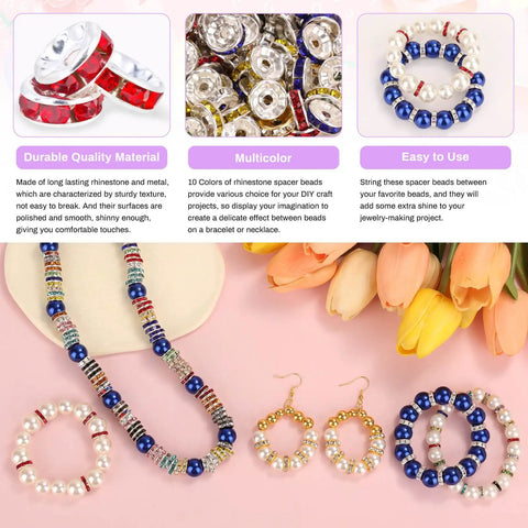 300 Pieces Rhinestone Spacer Beads Set In 10 Colors, 10mm Crystal Bead Spacers For DIY Jewelry, shown with necklaces and earrings.