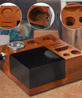 Solid Wooden Espresso Tamping Station With Fully Integrated Knock Box And Precision 58Mm Tamper Stand For Sapele Wood, top view with compartments.