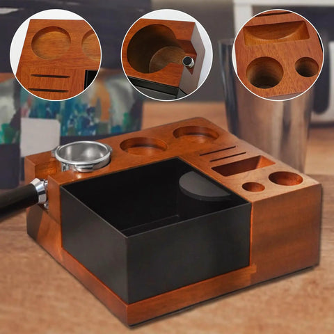 Solid Wooden Espresso Tamping Station With Fully Integrated Knock Box And Precision 58Mm Tamper Stand For Sapele Wood, top view with compartments.