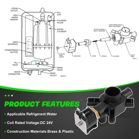 Solenoid Drain Valve For HM750A1000 Advanced Electrode Humidifier DC 24V Replacement Part With Brass Core And Rugged Plastic Housing