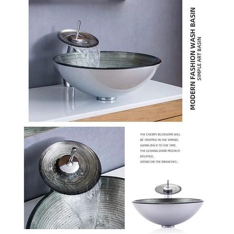 USZWBY Tempered Glass Bathroom Vessel Sink, Round Shape Spiral Pattern Spiral Artistic Vessel Bowl Sink with Waterfall Faucet and Pop Up Drain on countertop with flowing water.