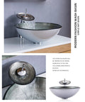 Tempered Glass Bathroom Vessel Sink, Round Shape Spiral Pattern Spiral Artistic Vessel Bowl Sink With Waterfall Faucet And Pop Up Drain showing detailed view with waterfall feature.