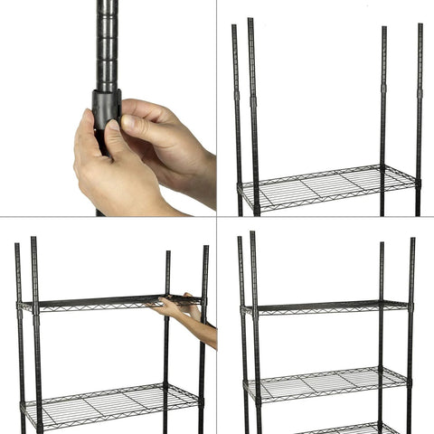 50 Pack Wire Shelf Clips For 1 Inch Post Shelving Black ABS Shelf Lock Clips set installed on wire shelving for stability and organization.
